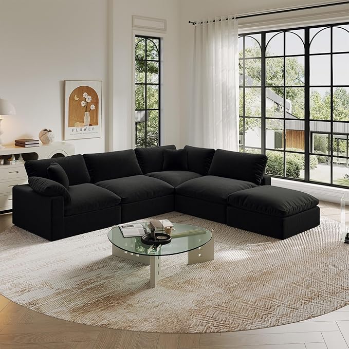 Intuition Decor Cloud Modular Sectional Sofa,143" Down Filled Sofa 4 Seat with Chaise,Minimalist Sofa Cover Washable and Replaceable Couches for Living Room,Sectional Sofa Deep Seat Black