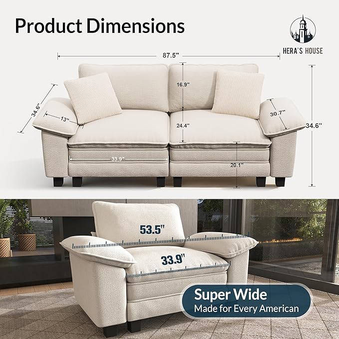 HERA'S HOUSE 88" Modular Sectional Sofa, Loveseat Couches for Living Room, Comfy Cloud Couch 2-Seater Deep Seat Sofa with Throw Pillow, Chenille Beige