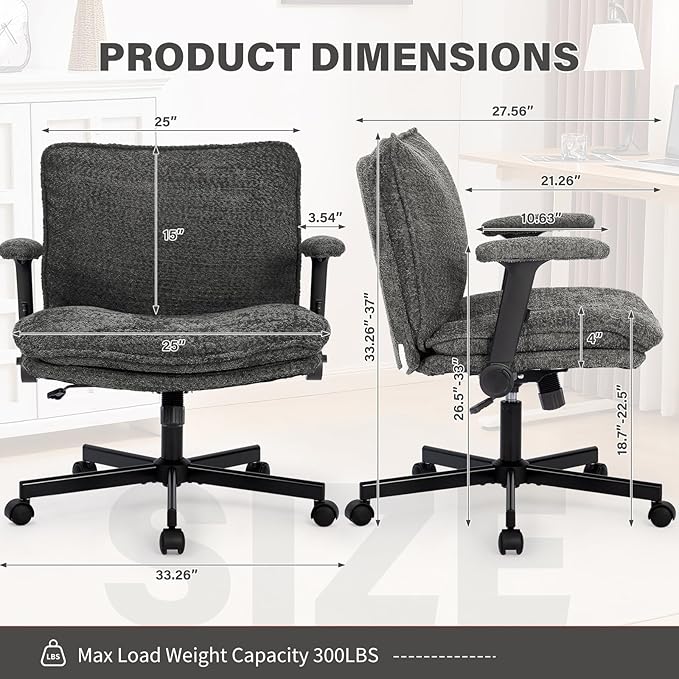 Kassipo Criss Cross Legged Office Chair with Wheels and Flip-Up Arms, Upholstered Criss Cross Desk Chair, Wide Seat Chairs for Home Office, Vanity, Apartment, Grey