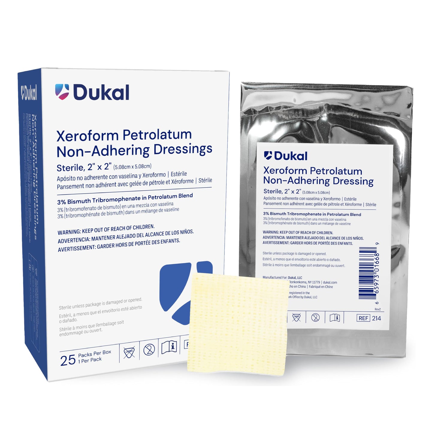 Dukal 214 Xeroform Petrolatum Gauze, Sterile, 2" W x 2" L (Pack of 25)