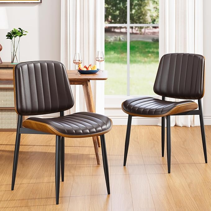 YaFiti Dining Chairs Set of 4, Mid Century Modern Dining Room Kitchen Chairs, Upholstered PU Leather Vertical Stripe Chairs for Vanity with Walnut Bentwood and Metal Legs, Brown