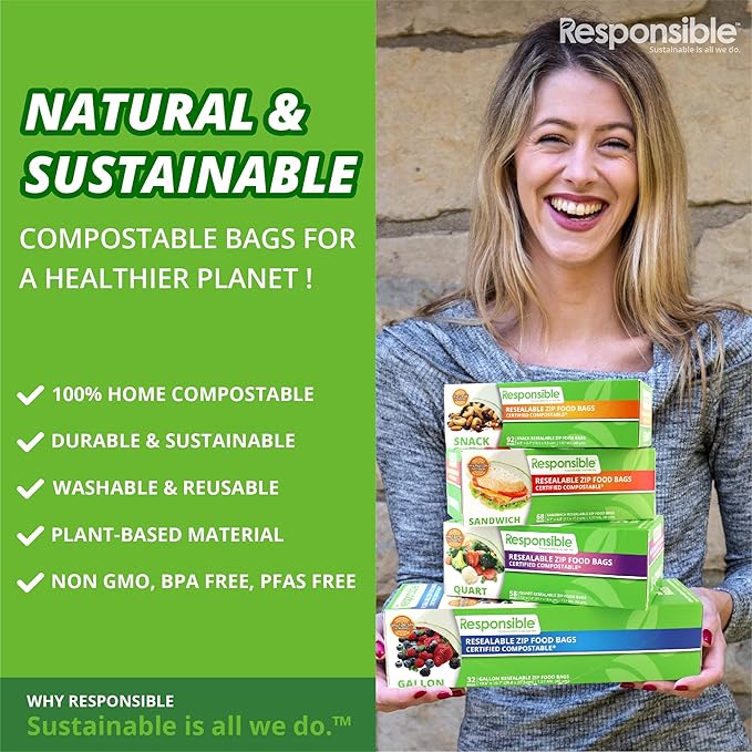Resealable Zip Bag Value Bundle Pack - Certified Compostable (1 Box of Each - Sandwich, Snack, Quart, and Gallon) - 250 Total Bags Included