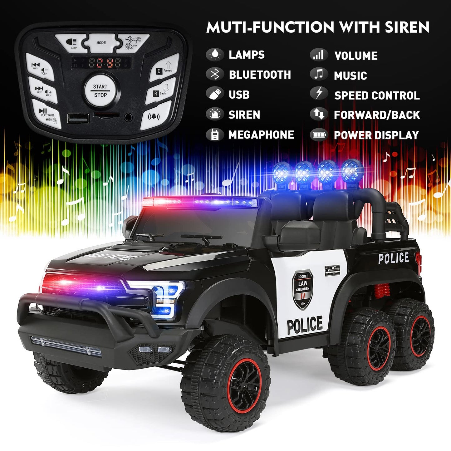 JOYLDIAS 12V7AH Kids Police Ride On Car with 2.4G Remote Control, 6-Wheel Spring Suspension, LED Lights & Siren, Kids Electric Car w/Storage, 3 Speeds, 77lbs Capacity, Gift for Ages 3-8