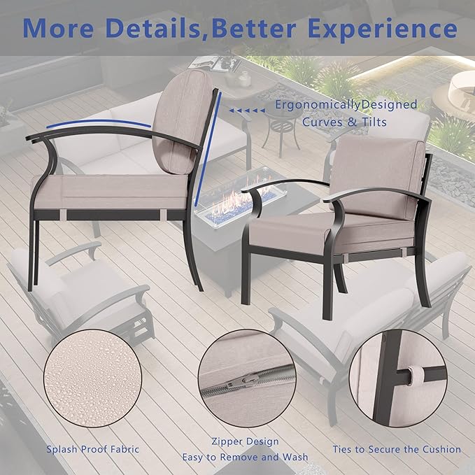 RTDTD Aluminum Outdoor Patio Furniture Set,5 Pieces 7 Seats Patio Conversation Sets with 45" Propane Fire Pit Table,Metal Patio Sectional Furniture Set w/5.1" Cushions for Porch,Deck,Backyard,Sand