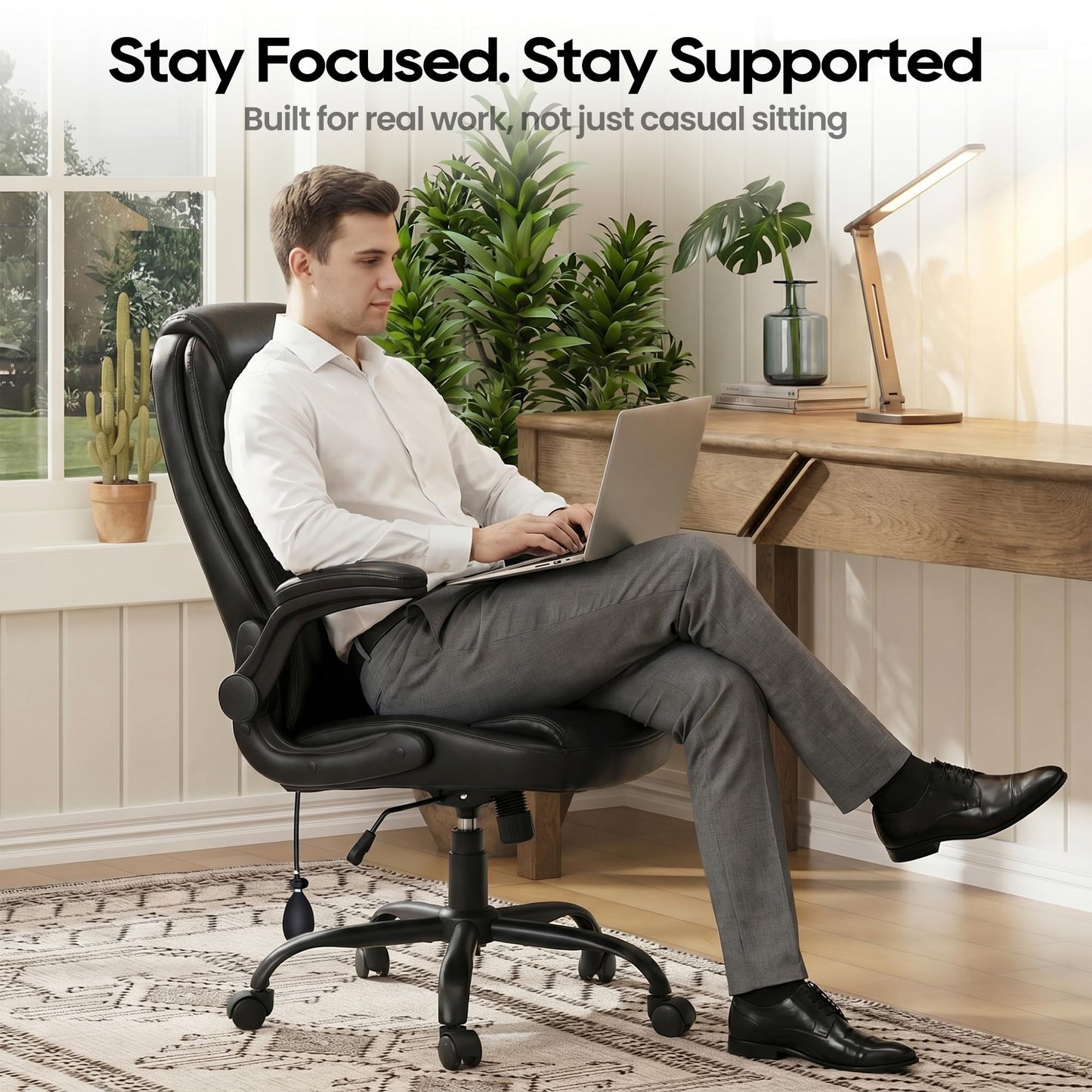MALOL Leather Office Chair, Computer Desk Chair with Adjustable Lumbar Support, Thick Cushion, Flip-Up Arms and Ergonomic Back, Comfy Executive Office Chair for Home Office Gaming,Black