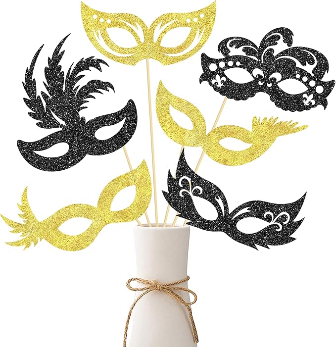 umoni Masquerade Mask Centerpiece Sticks 12Pcs Glitter Black and Gold Mask Table Toppers Venetian Mask Decorations Costume...