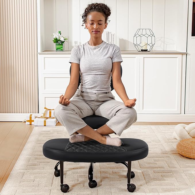 Ergonomic Cross Legged Office Chair with Wheels - Adjustable Height for Meditation, ADHD Desk & Yoga - Wide Criss Cross Design with Lumbar Support, Kneeling Chair - Inky Black