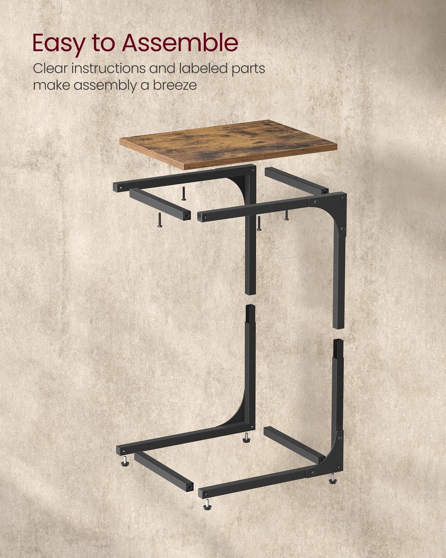 VASAGLE C-Shaped End Table, Small Side Table for Couch, Sofa Table with Metal Frame for Living Room, Bedroom, Bedside, Rustic Brown and Black