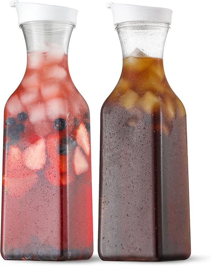 NETANY Plastic 50 Oz Water Carafe with Flip Top Lid, Set of 2 Square Base Juice Containers, Clear Plastic Pitcher - for Wa...