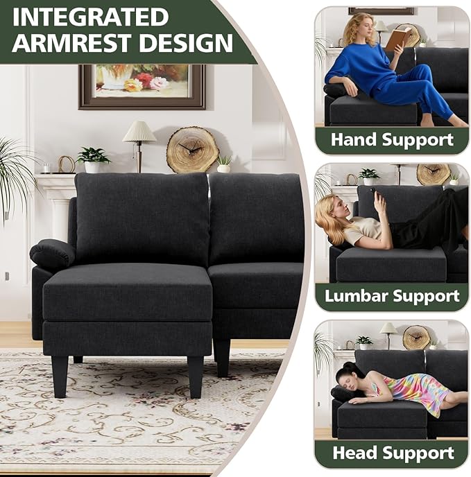 Topcomfy U-Shaped Sectional Couches for Living Room, Convertible 4 Seat Modular Sectional Sofa Set with Ottoman, Modern L Shaped Couch with Chaise for Bedroom Apartment and Office, Chenille Black