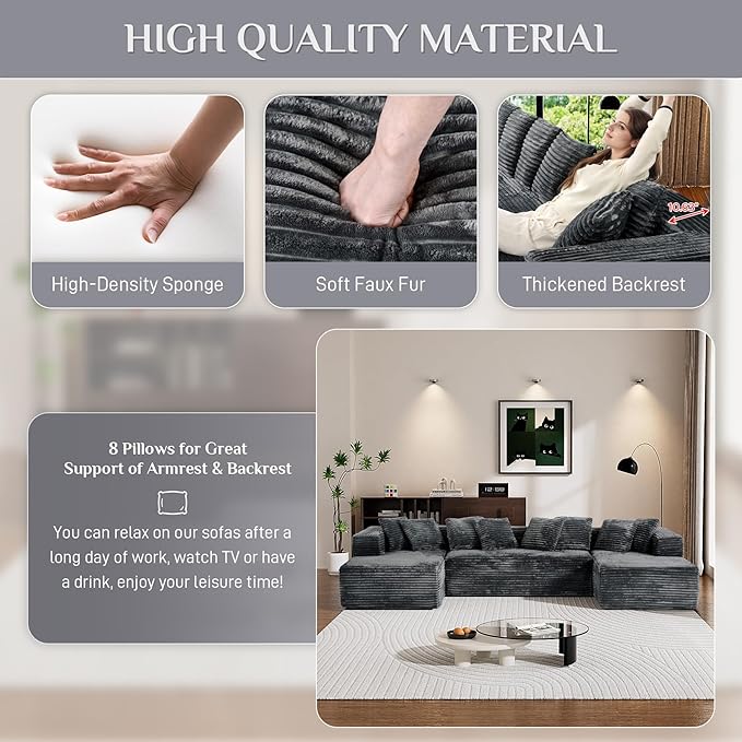 Modular Sectional Sofa, 130" U Shaped Cloud Couch Plush Corduroy Comfy Deep Seat Boneless Sofas with 8 Pillows Double Chaise Lounge Sectional Couches with Memory Foam for Living Room - Dark Grey