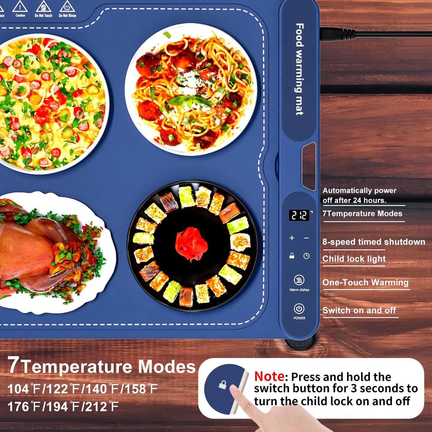 Electric Warming Tray&Food Warming MatFast Full Surface Electric Warming Tray with 7 Temp-Settings & 8H Timer, Portable Roll Up Food Warmer for Gatherings (Blue, 24''X15'')