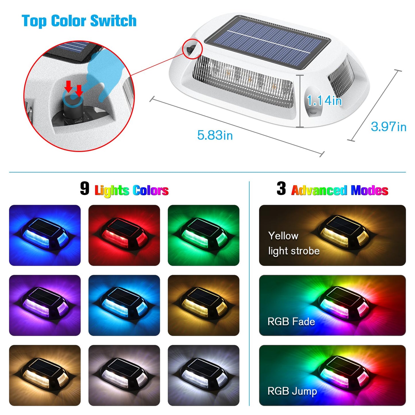 VOLISUN Solar Driveway Lights Dock Deck Lights 4 Pack,9 Colors in 1 Led IP67 Waterproof Outdoor Warning Step Lights for Driveway Sidewalk Pathway RGB