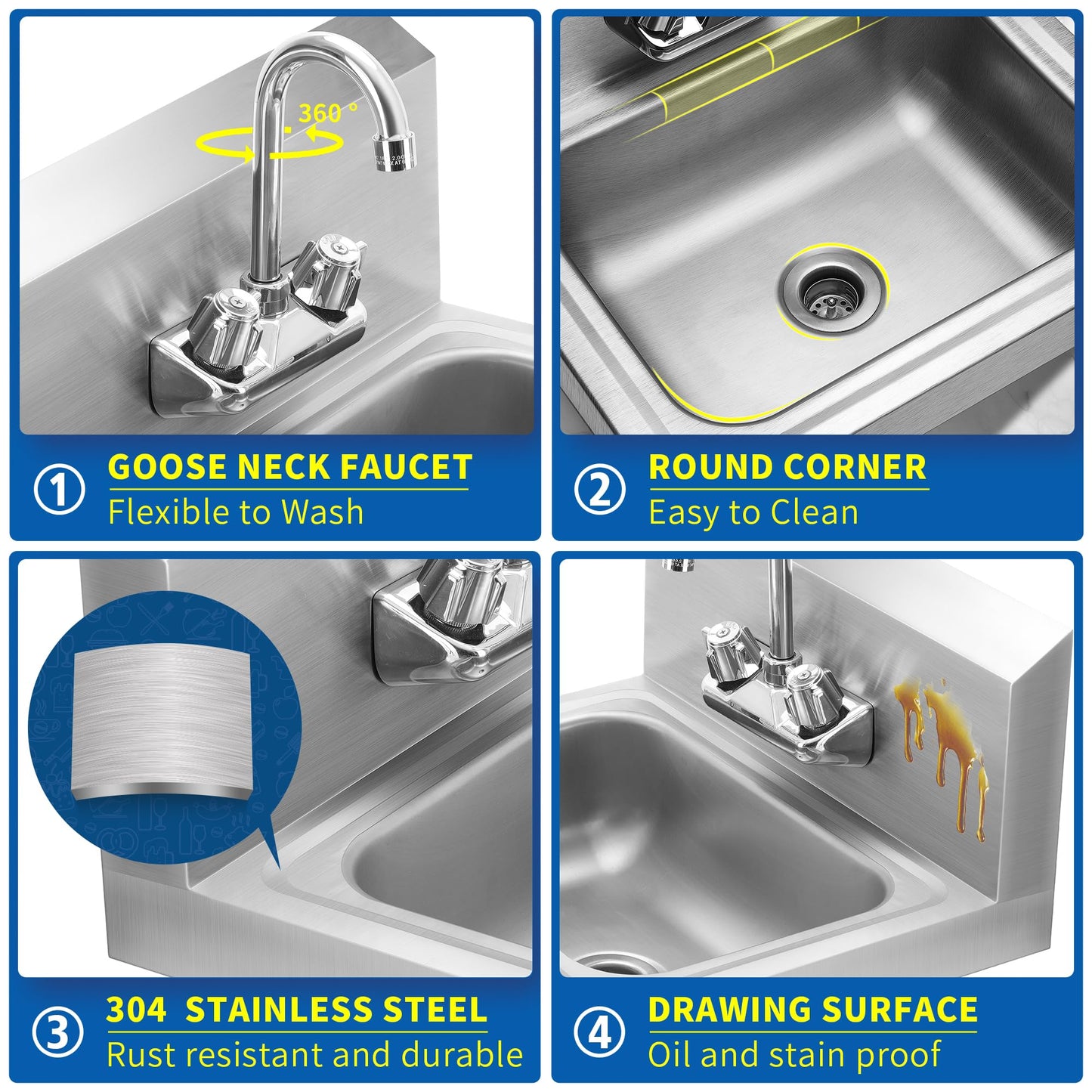 BIEAMA Stainless Steel Hand Sink NSF 17”x 15" Wall Mount Commercial Hand Washing Sink, with Strainer and Faucet, for Home, Stores, Restaurants, Bars