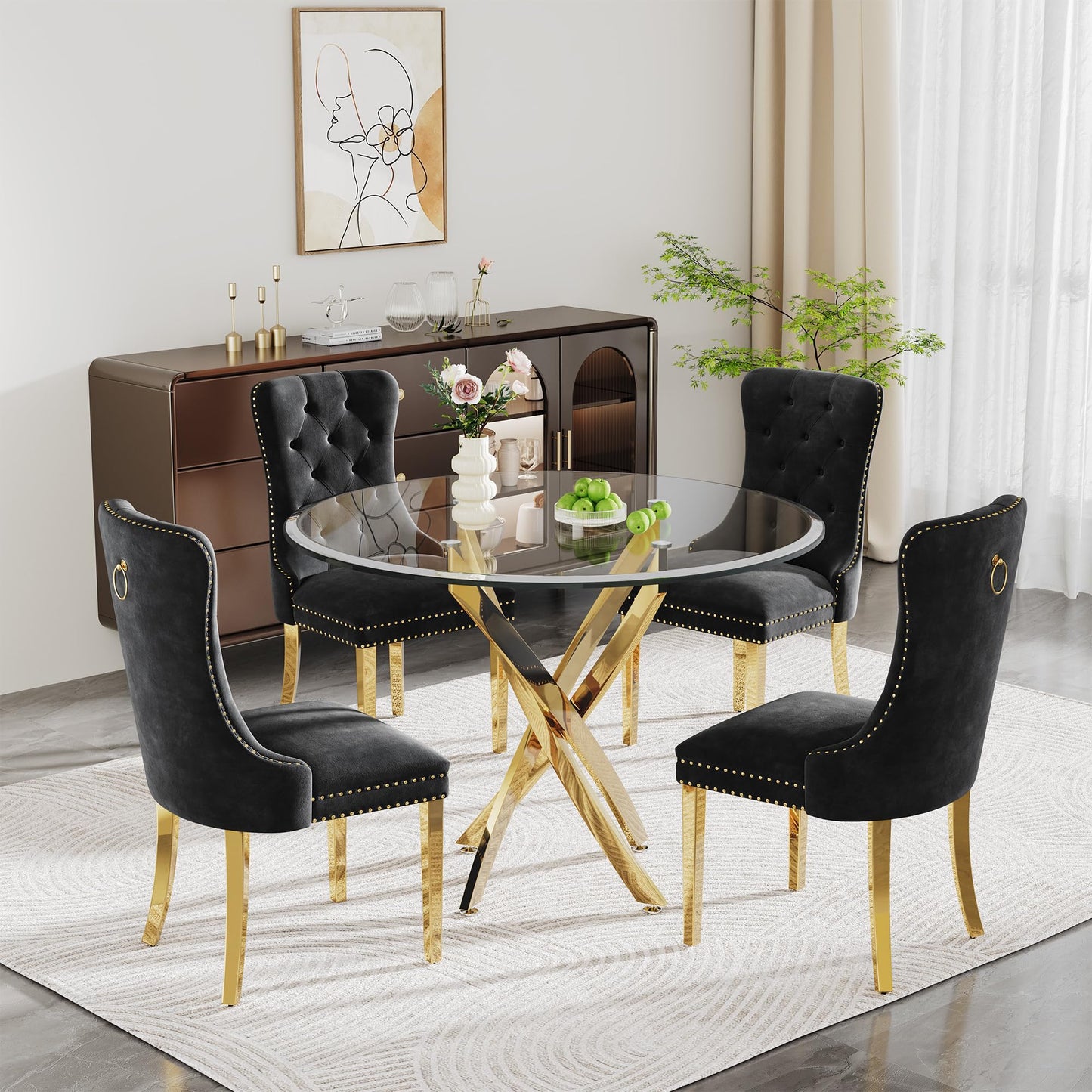 AMHDDT Round Glass Dining Table Set for 4, Modern 36" Clear Tempered Glass Kitchen Table with Gold Crossed Legs and 4 Black Velvet Upholstered Chairs, for Dining Room, Living Room, Apartment