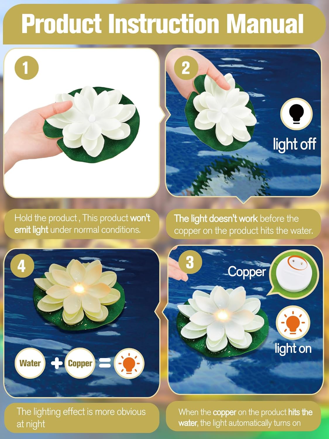 Hortsun 12 Pcs Floating Lotus Lights with Batteries Lily Pads Pool Flowers Diwali Pooja Decorations Floating Candles Decor for Pool Pond Outdoor Indoor(5.91 Inch,White)