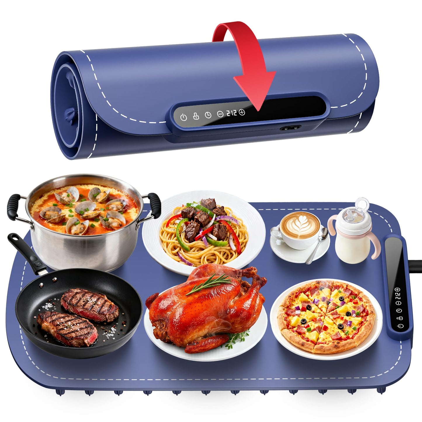 Warming Mat for Food, Upgraded Fast-Heating Electric Warming Tray with 7 Temp Levels & 8 Timers, Buffet Raised Feet & Rollable Silicone Heat Pad, Portable Food Warmer for Home, Party & Travel (Blue)
