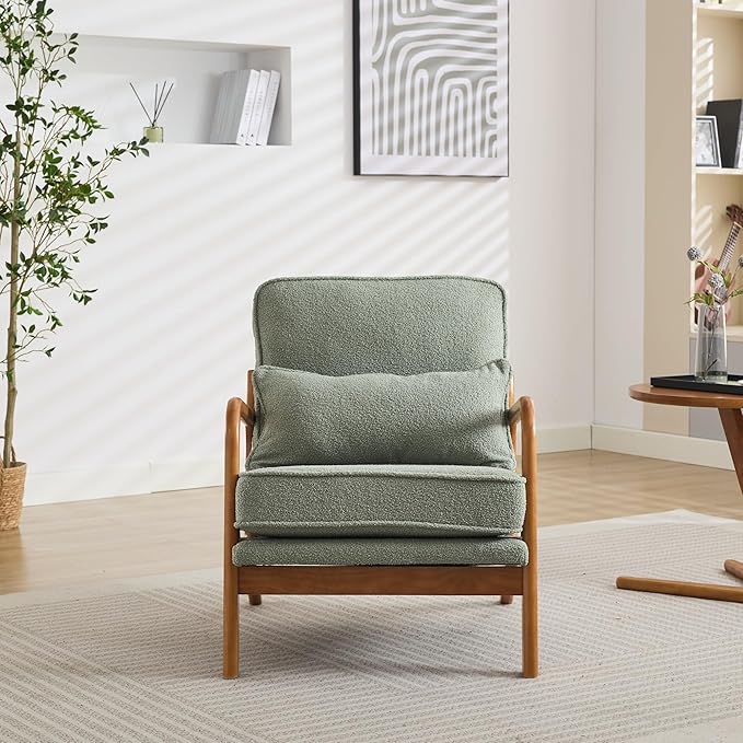SEYNAR Mid-Century Accent Chair, Sherpa Fabric Lounge Chair with Wide Armrest,13-16.5'' Low Seat Height Armchair with Lumbar Pillow & Solid Wood Frame for Living Room, Bedroom, Balcony(Mint Green)