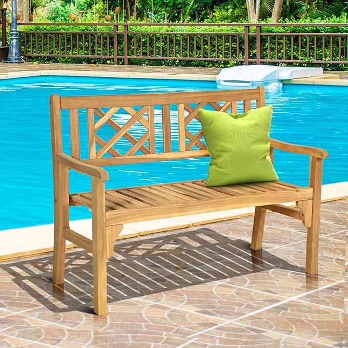 Giantex 4 Ft Foldable Outdoor Bench, Acacia Wood Outside Loveseat with Curved Backrest and Armrest, 705Lbs Weight Capacity, Garden Bench for Patio, Park, Porch, Balcony
