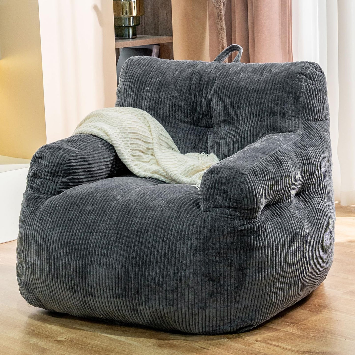 Stmoze Giant Bean Bag Chair, Faux Fur Large Bean Bag Chair for Adults, Fluffy and Comfy Giant Bean Bag Chair with Filler, Big Bean Bag Sofa Chair for Reading, Gaming, Grey