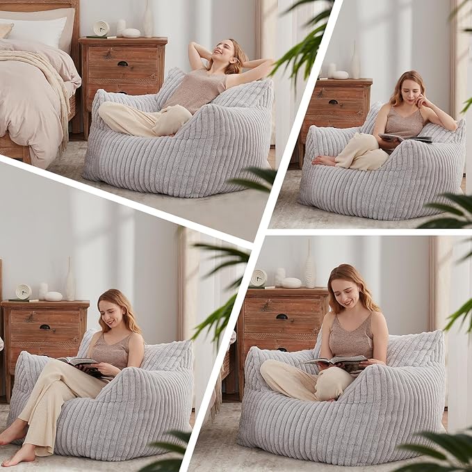 Achicsofar Giant Bean Bag Chairs for Adults Teens, Large Bean Bag Sofa Chairs with Filling Comfy Fuzzy BeanBag Chair with Armrests for Bedroom Living Room Reading (Light Gray, Large)