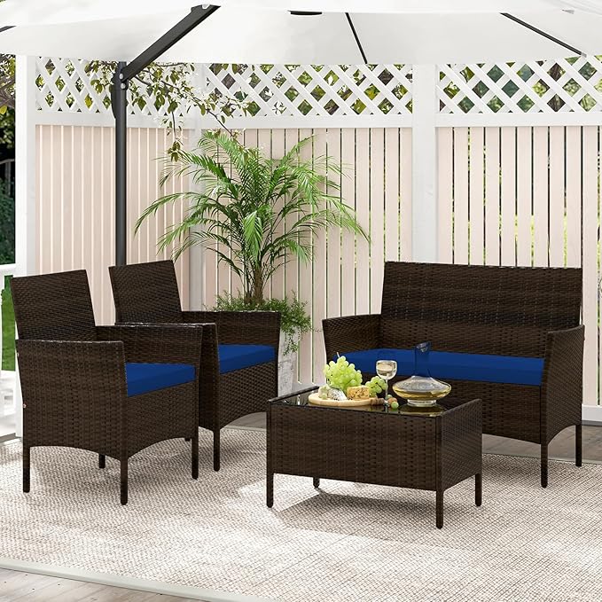 KOTEK 4 Piece Patio Furniture Set, Outdoor Rattan Conversation Set with Loveseat, Wicker Chairs, Tempered Glass Coffee Table, Wicker Patio Set for Backyard, Porch (Navy)