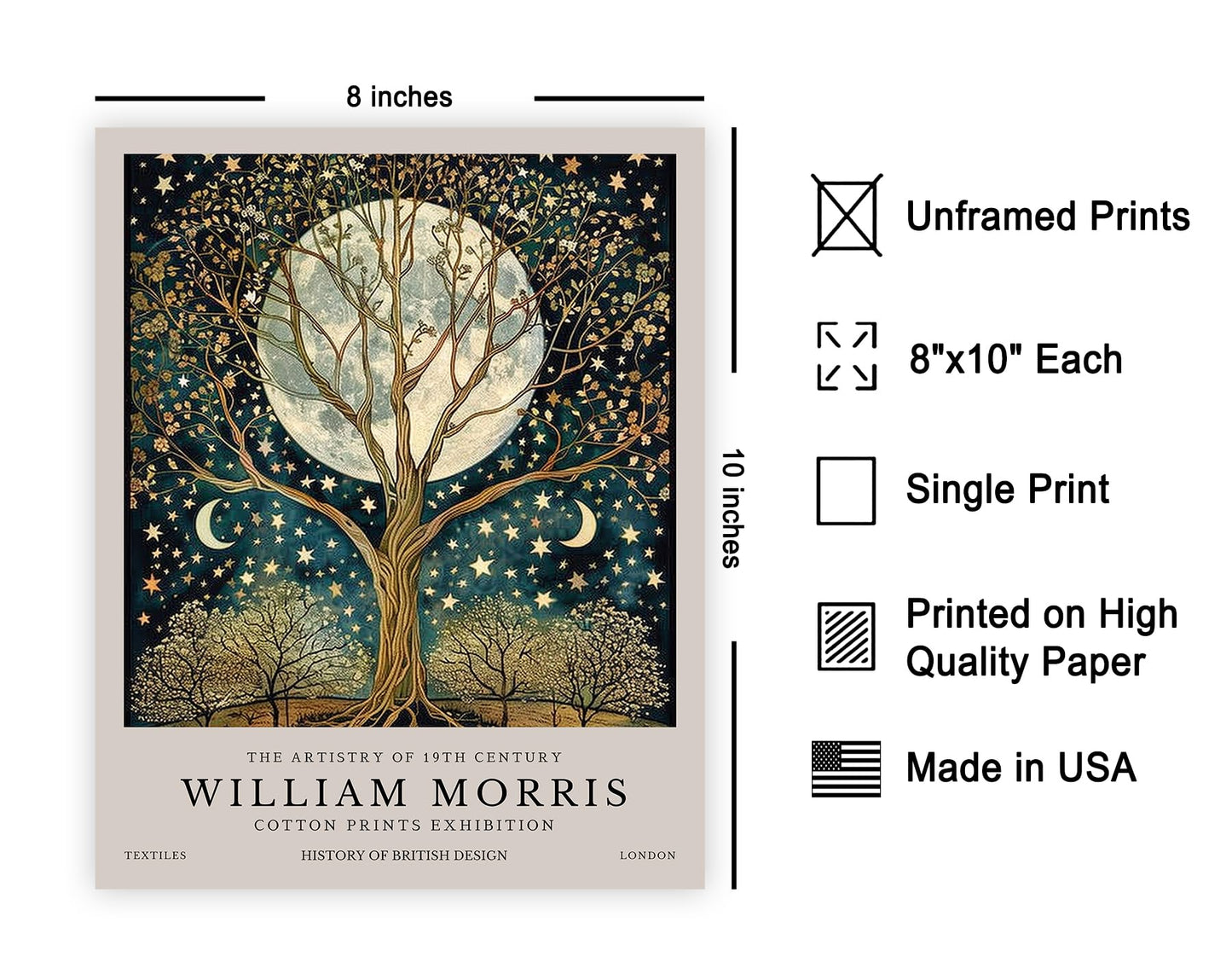 Monem Art William Morris Poster - Tree of Life Print - Moon Art - Stars Art - Flower Art - Botanical Art - Exhibition Art - Textile Art - Floral Art - Great Bedroom Decor - 8x10 UNFRAMED Wall Art