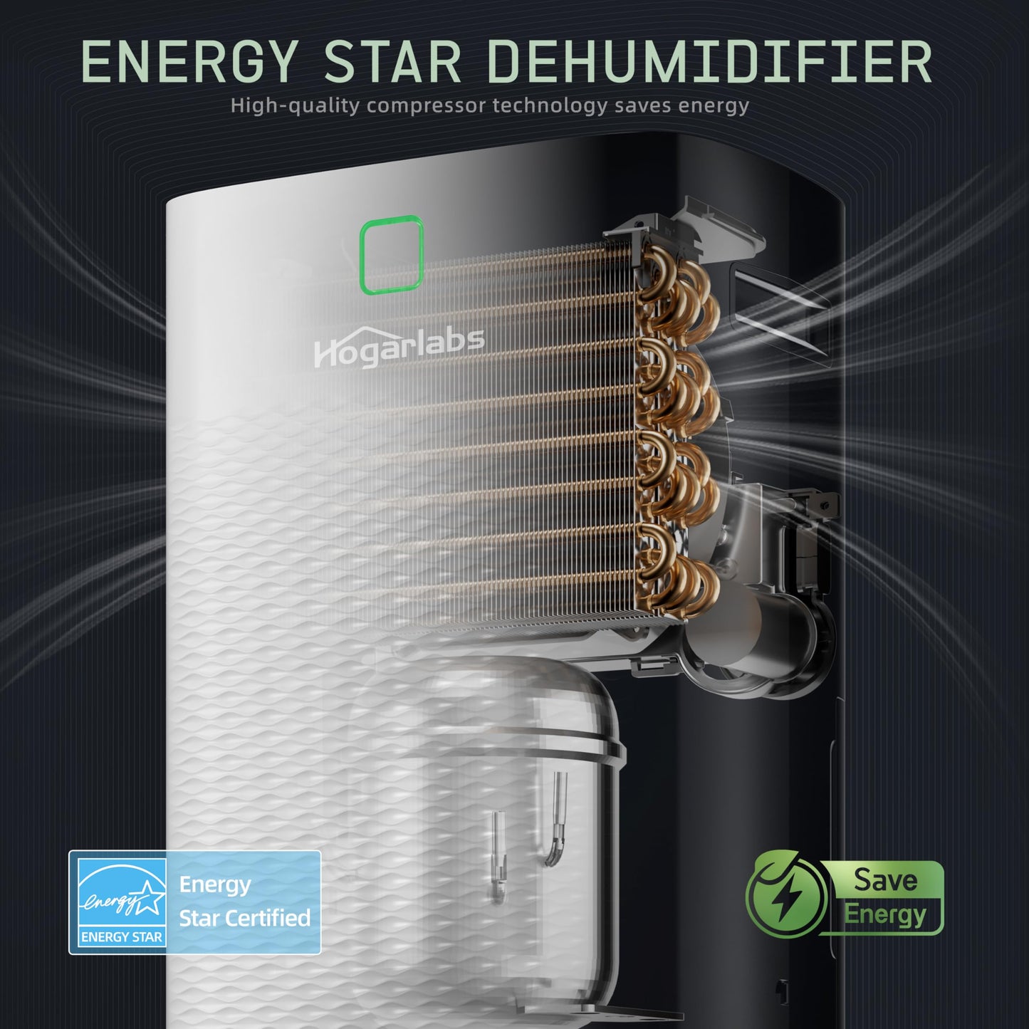 HOGARLABS 50 Pint Smart Dehumidifiers for Home and Basements, with 3 Working Modes, Overflow Protection, and Auto Shut off Restart. Ultra Silent Dehumidifier with Drain Hose and Digital Control Panel.