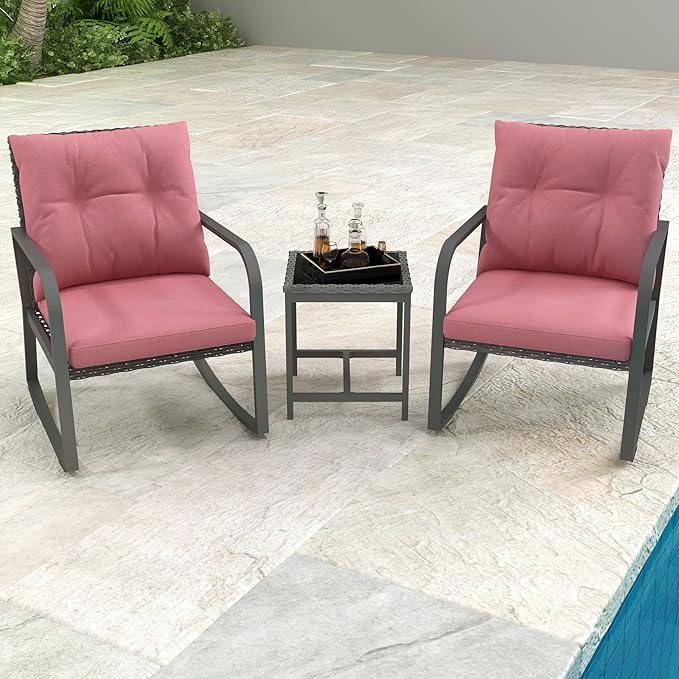 HLNPTN 3 Piece Rocking Bistro Patio Set, Outdoor Rocking Chair, Outdoor Bistro Sets Wicker Patio Furniture Rocking Chairs Sectional Couch with Tempered Glass Top Coffee Table & Cushions, Red
