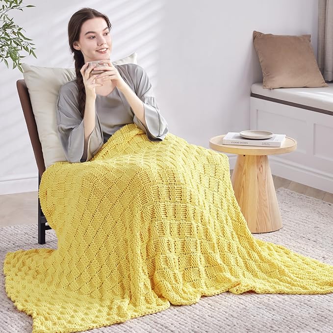 Knitted Weighted Blanket for Adult, No Beads Heavy Blanket 60” x 80'' 20lbs, Breathable Chunky Knit Blanket, Cooling Weighted Blanket for Hot Sleepers, Christmas Home Decor (Yellow)