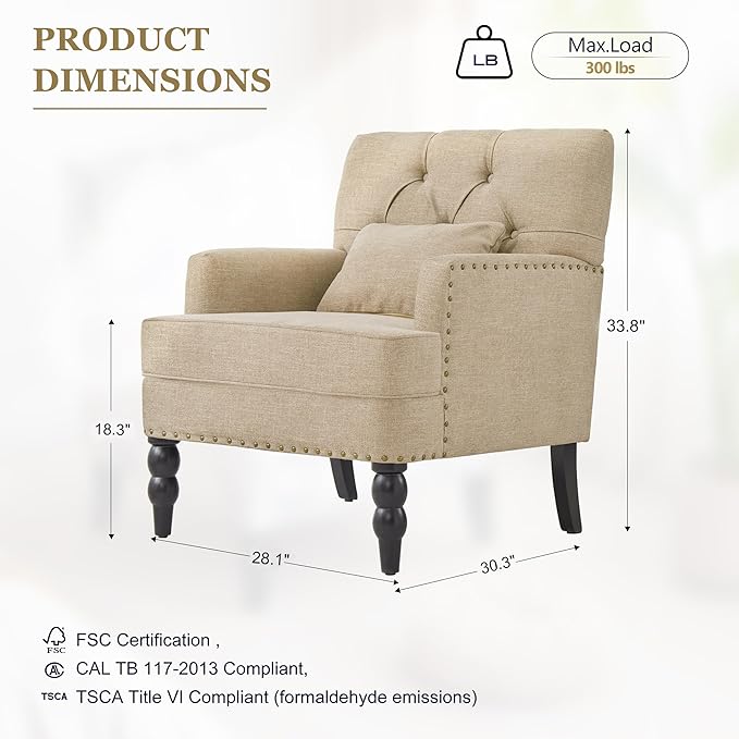 HUIMO Tufted Club Chair Set of 2 with Lumbar Pillow,Accent Chair Upholstered Button Armchair, Linen Fabric Sofa Chairs for Bedroom, Living Room, Mid Century Modern Reading Chair,Brown