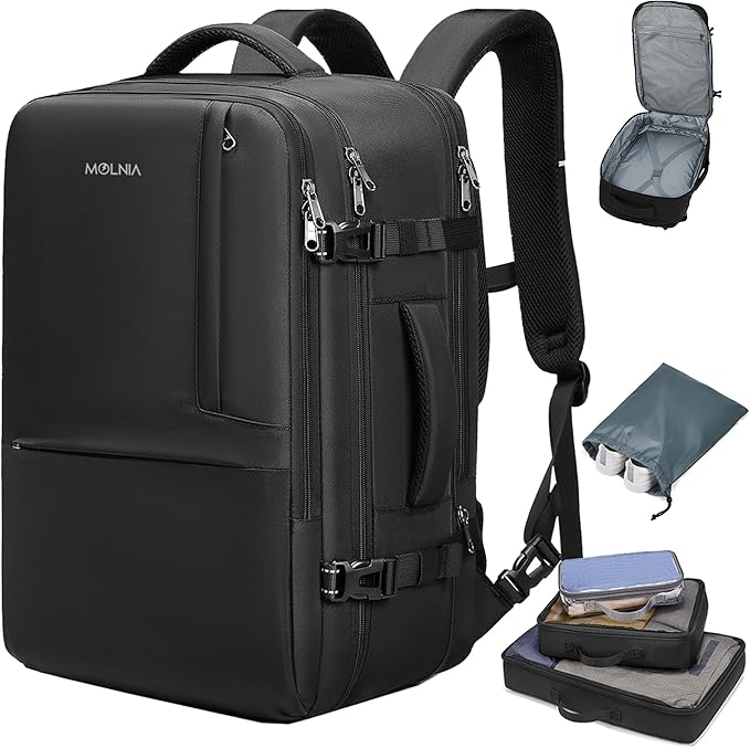 MOLNIA 50L Expandable Travel Backpack for Men Women, Carry On Backpack Airline Approved, Suitcase Backpack with Packing Cu...