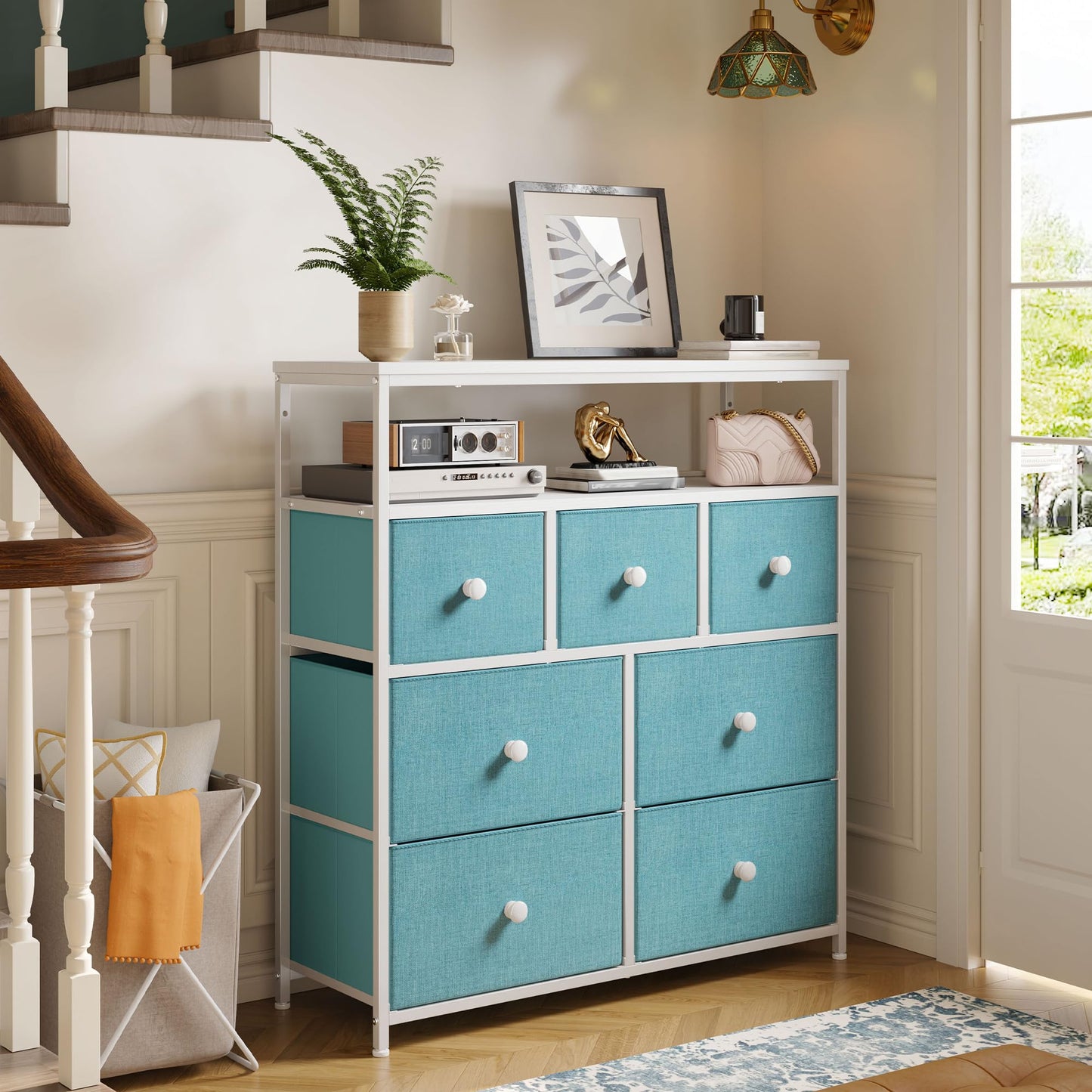 Dresser for Bedroom with 7 Drawers, Purple Dressers & Chests of Drawers, Dresser for Clothes Storage with Wooden Top and Metal Frame, Entertainment Center, Green