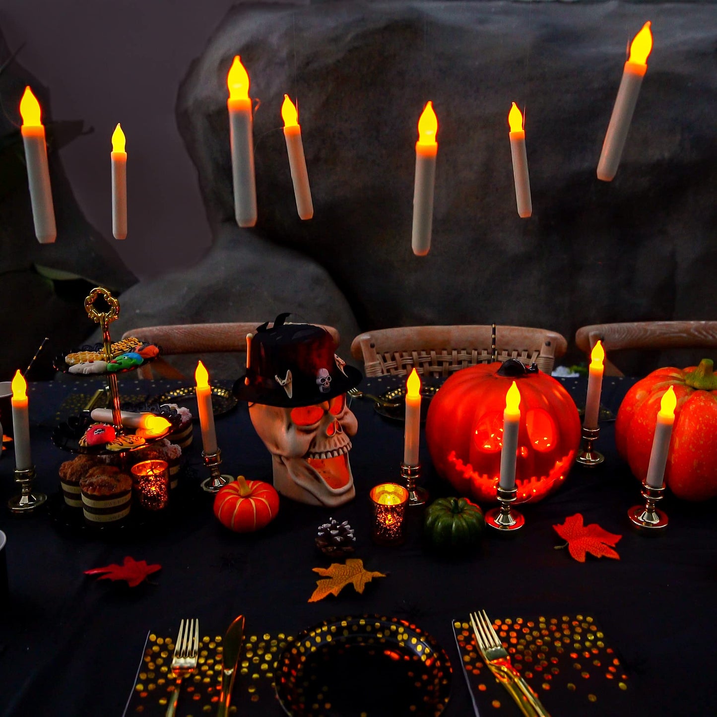 Homemory 24 Pcs Hanging Floating Candles, NO Remote, Flameless Taper Candles Battery Operated, 6.5" Warm Yellow Flickering Flame Candlesticks, Dripless LED Handheld Candles Lights for Halloween Xmas