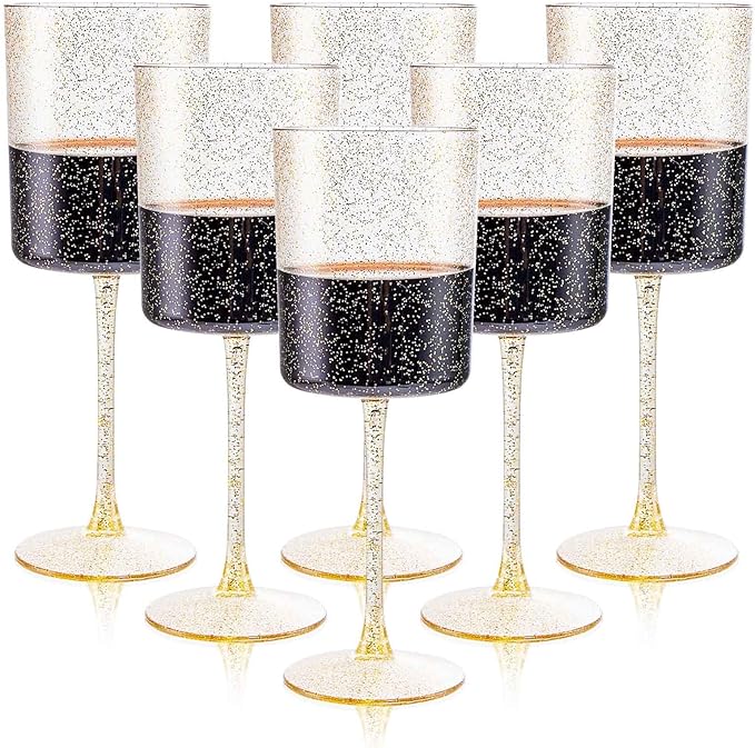 Ciaell 6 Pack Gold Plastic Wine Glasses - 10 Oz Disposable Glasse with Stem - Disposable Wine Glasses Perfect for Parties...