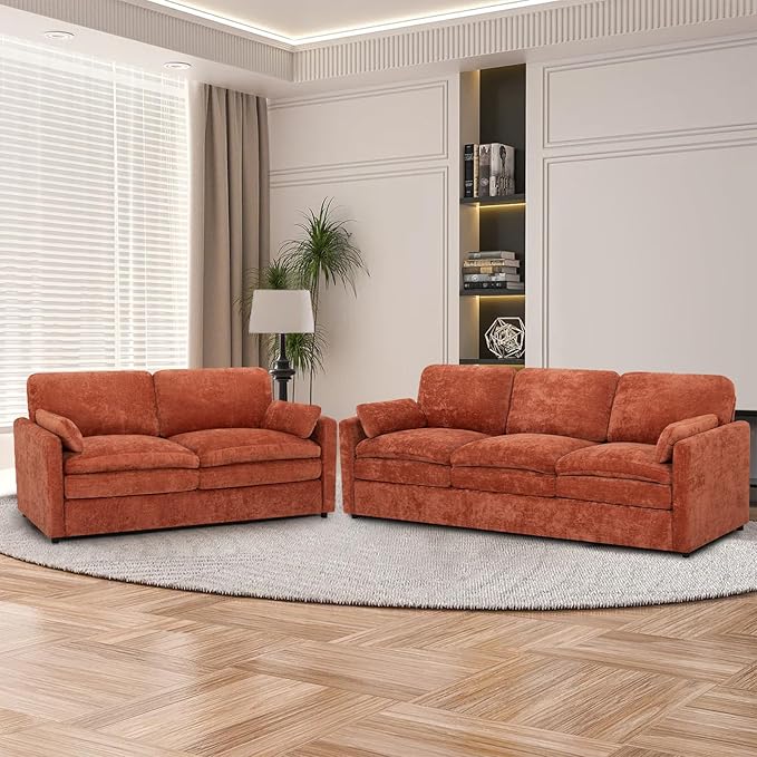 ACMEASE 2 Pieces Chenille Sofa Set w/Arm Pillows, Upholstered Loveseat & 3 Seater Sofa w/Comfortable Back Cushions, Modern 2-Seat & 3-Seat w/High-Density Foam for Living Room, Apartment, Orange