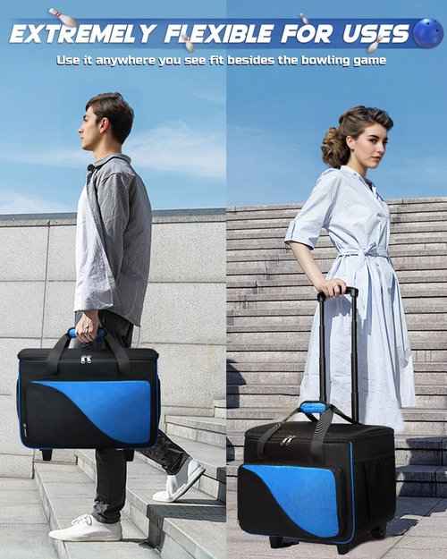 2 Ball Bowling Bag with Wheels Double Bowling Ball Bag for Bowling Equipment Accessories Blue Bowling Roller Bags for Bowling Stuff Supplies Rolling Tote with Bowling Shoe Bag Ball Stand Bowling Gifts