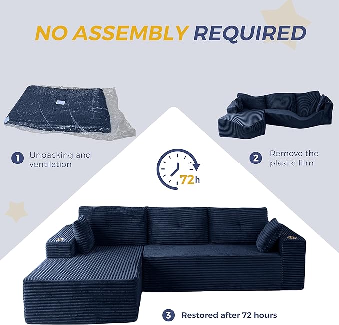 MAXYOYO 104" Modular Sectional Couch with L-Shape Chaise, Modern Boneless Couch for Living Room, Sofa in A Box, Oversized Sofa Sleeper with Deep Seat, No Assembly Required, Navy
