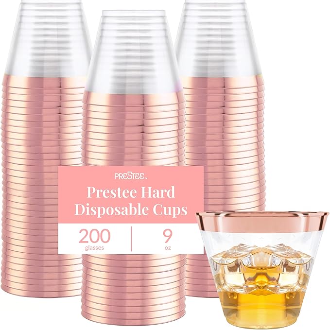 Prestee 200 Rose Gold Plastic Cups, 9oz – Elegant Hard Disposable Tumblers for Wine, Cocktails & Beverages – Clear Plastic...