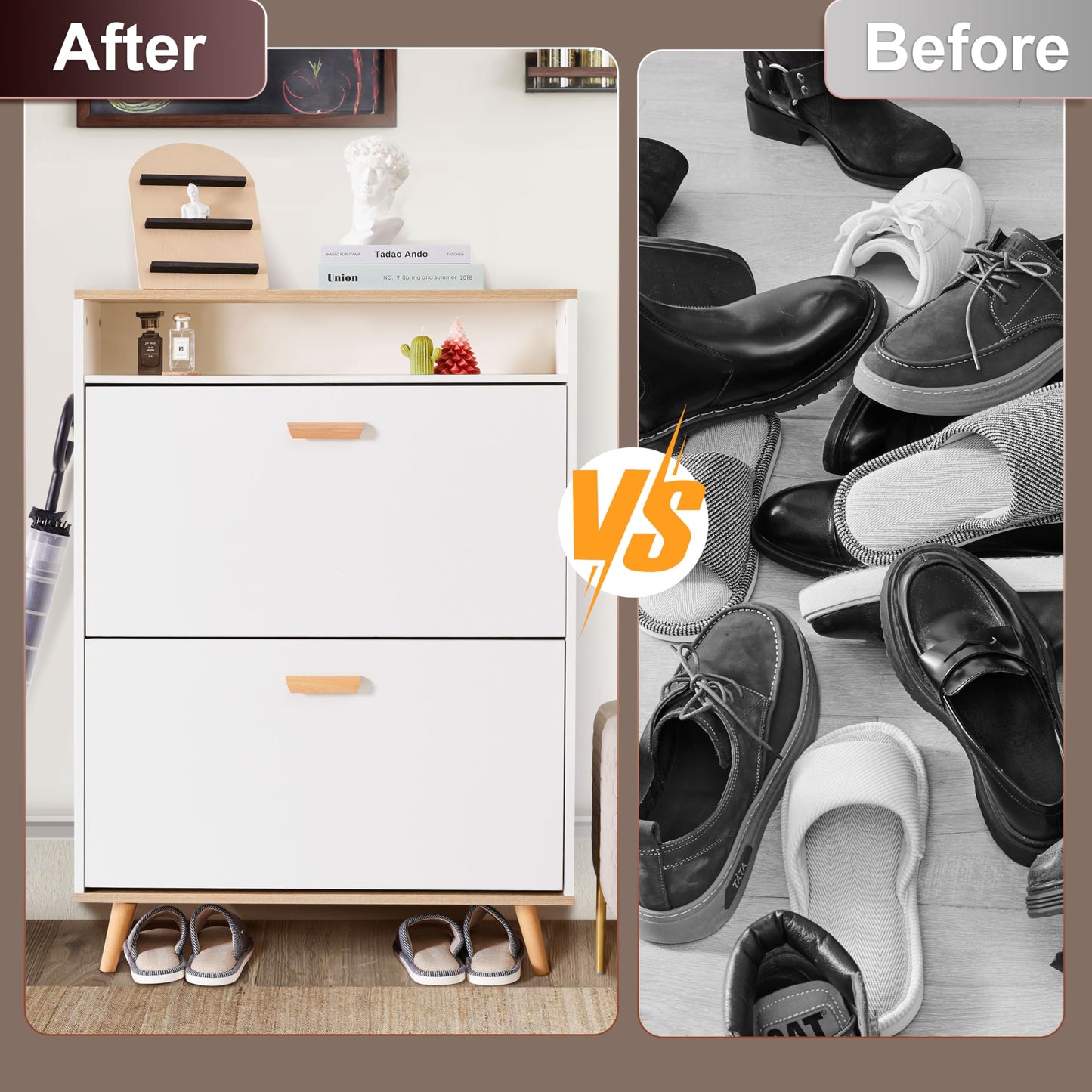 Slim Shoe Storage Cabinet with 2 Flip Drawers & Adjustable Shelves - Freestanding Entryway Shoe Organizer with Storage Compartment (Narrow Design with Legs)