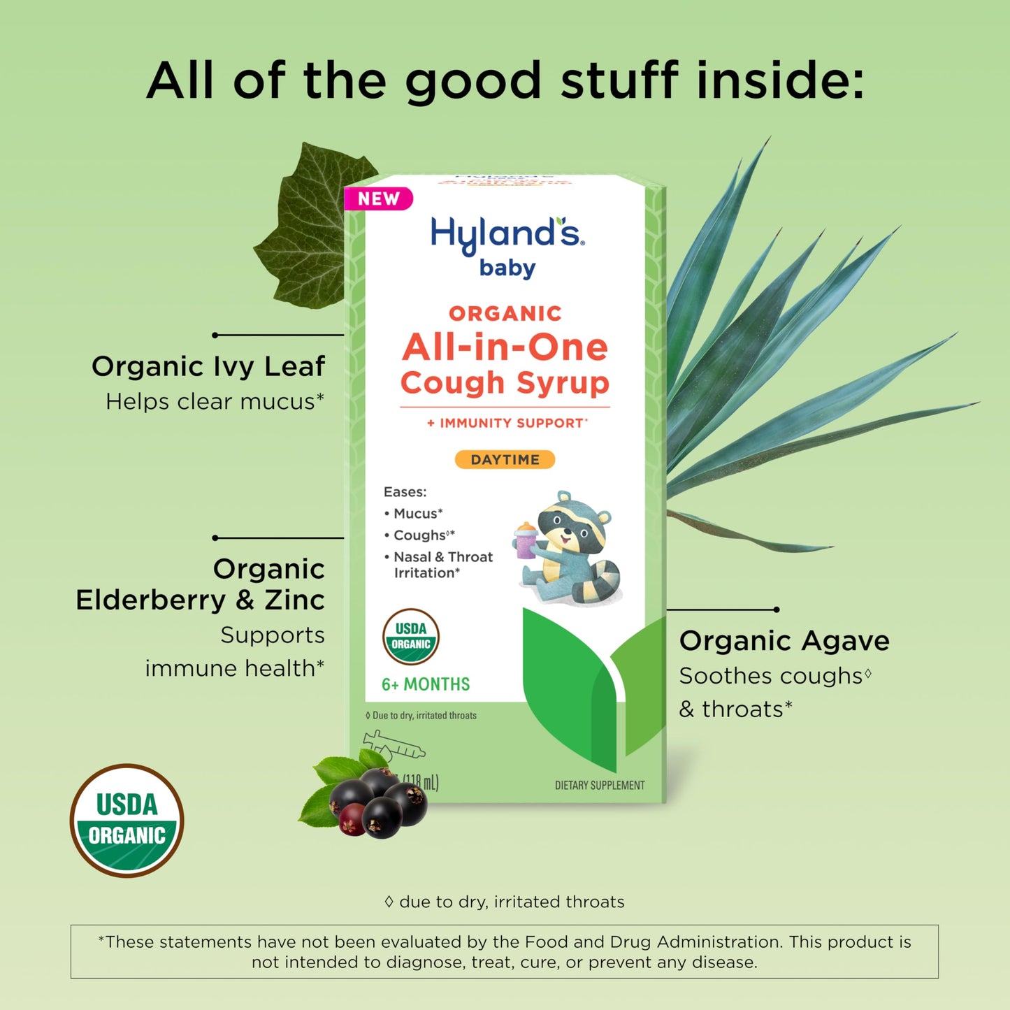 Hyland's Baby Organic All in One Daytime Cough Syrup + Immune Support with Elderberry, Vitamin C & Zinc, 4 Fl Oz