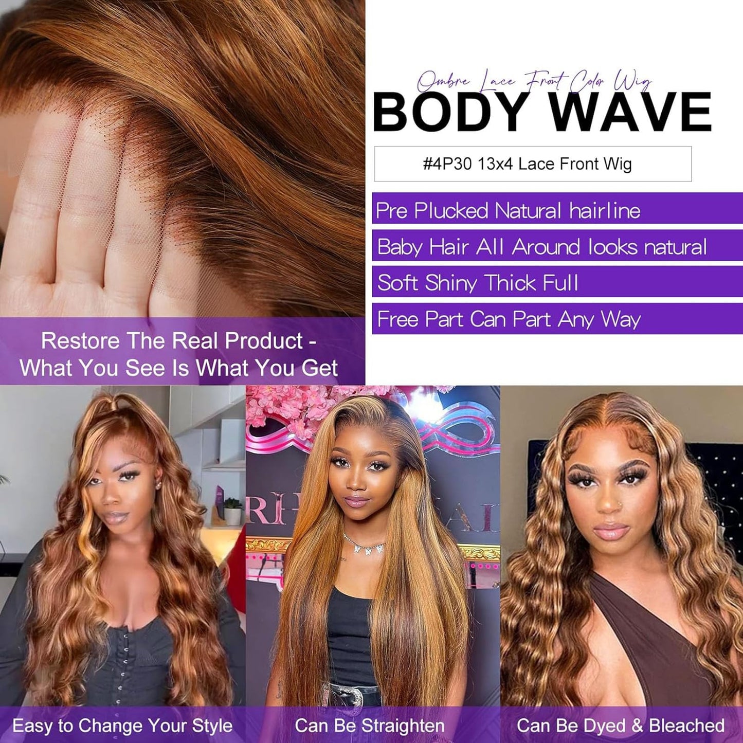 Peenoll Human Hair Wig - Highlight P4/30, Lace Frontal Closure, Body Wave, Pre Plucked, Pre Cut, Glueless, Elastic Band, 200% De