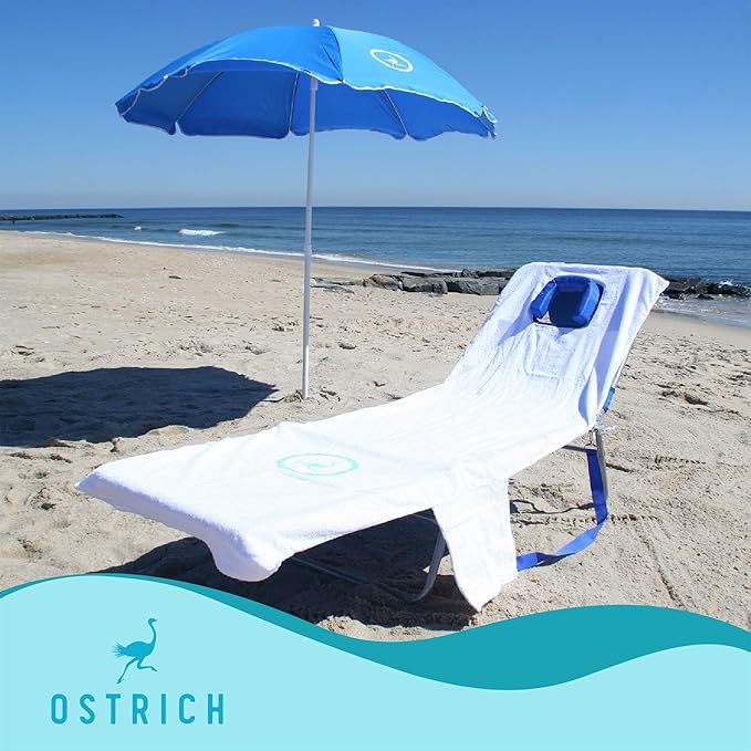 Ostrich Ladies Comfort Lounger with Chest Support, Portable Reclining Outdoor Patio Beach Lawn Camping Pool Tanning Chair, Blue Stripe