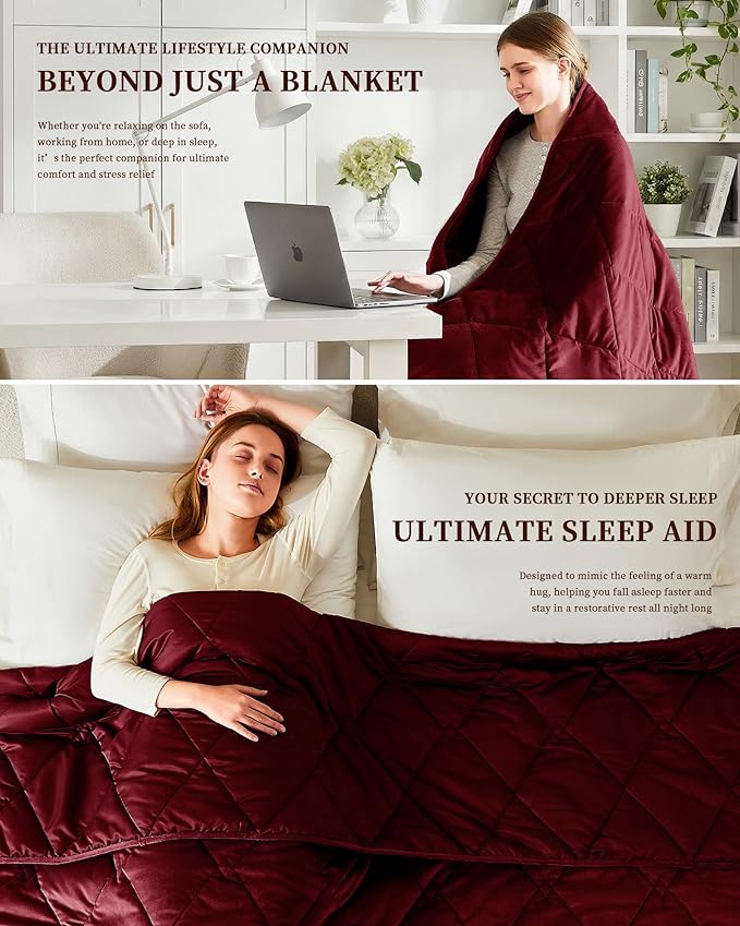 L'AGRATY Queen/King Size Weighted Blanket for Adults 15lbs, 80"x87" — Cooling Breathable Heavy Blanket with Glass for Sleeping Perfect for Hot Sleepers & Couples Machine Washable All-Season Wine Red