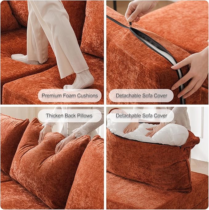 Rexulqo 104'' Modular Sectional Sofa with All Seats Storage, Oversized U Shaped Couch for Living Room,3-Seater Comfy Cloud Couches with Movable Ottoman,Big Sectional for Bedroom,Velet,Orange