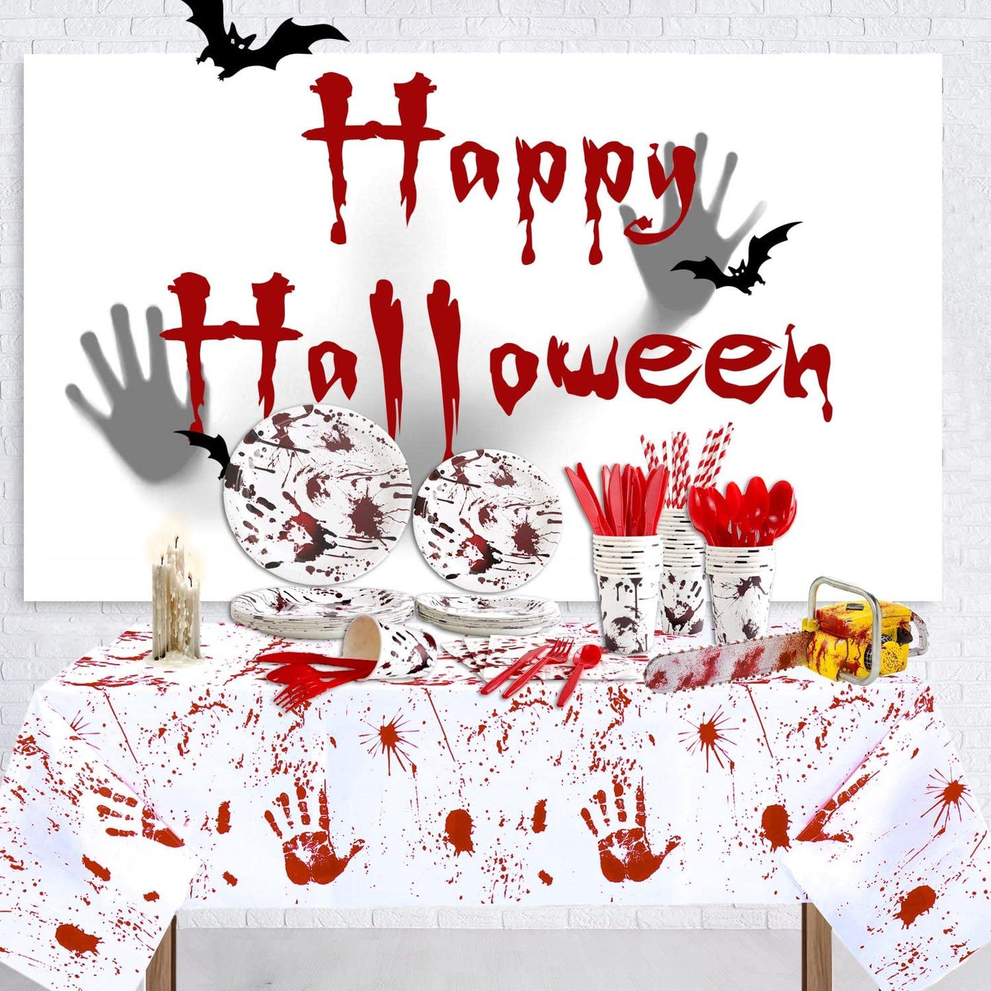 Halloween Party Supplies Decorations Include Bloody Zombie Tablecloth, Paper Plates, Cups, Straw, Napkins, Cutlery - Horror Halloween Birthday Party Decorations Tableware Serves 20 Guests-161CT 1