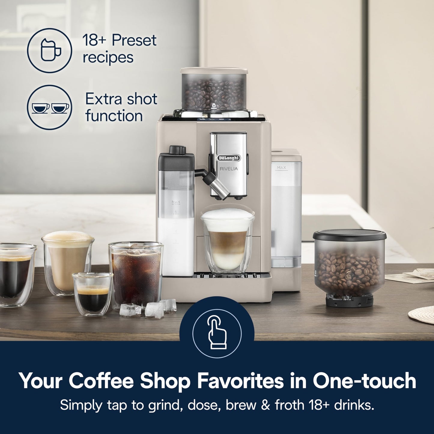 De'Longhi Rivelia Automatic Espresso Machine, Grinder & Frother, Easy Bean Switching, Beige