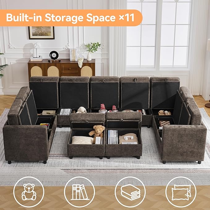 127'' Oversized U Shaped Modular Sofa, Sectional Couches with Storage for Living Room, Modern 9 Seater Cloud Sectional Couch with Movable Ottoman, Chenille Brown