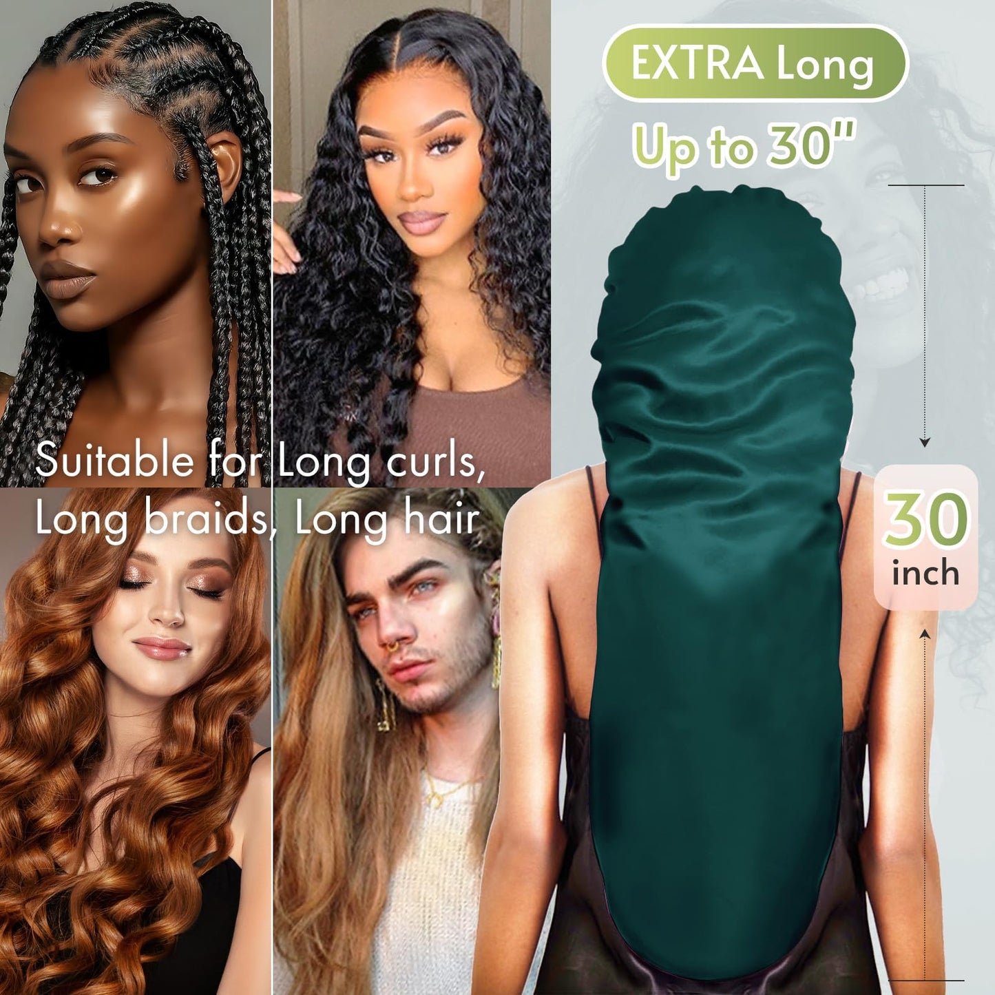 BONNET QUEEN Bonnet for Braids Silk Bonnet Extra Long Satin Bonnet for Sleeping Hair Bonnet for Locs with Tie Band Darkish Green