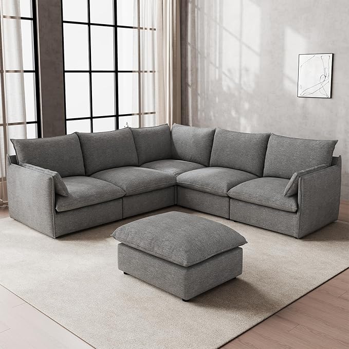 Gtilzria Waterproof Cloud Sectional Couches for Living Room,High Backrest Down Filled Couch,6 Seater Oversized Modular U-Shaped Sofas with Ottoman,Detachable Sofa Covers,Dark Grey
